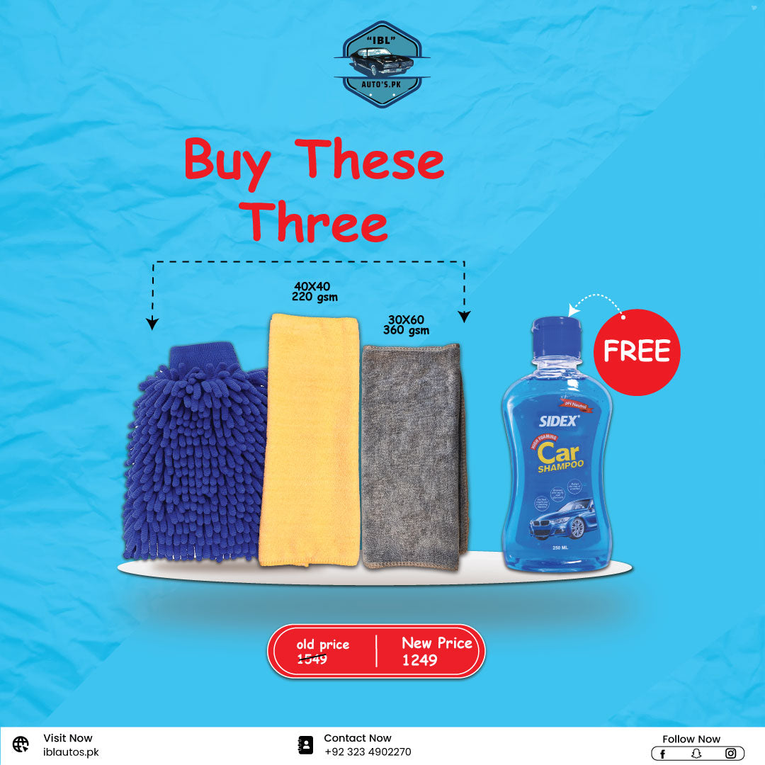 Microfiber Cleaning Bundle: Glove, 40x40cm 220GSM Cloth, 30x60cm 360GSM Cloth + Free Sidex Shampoo 250ml